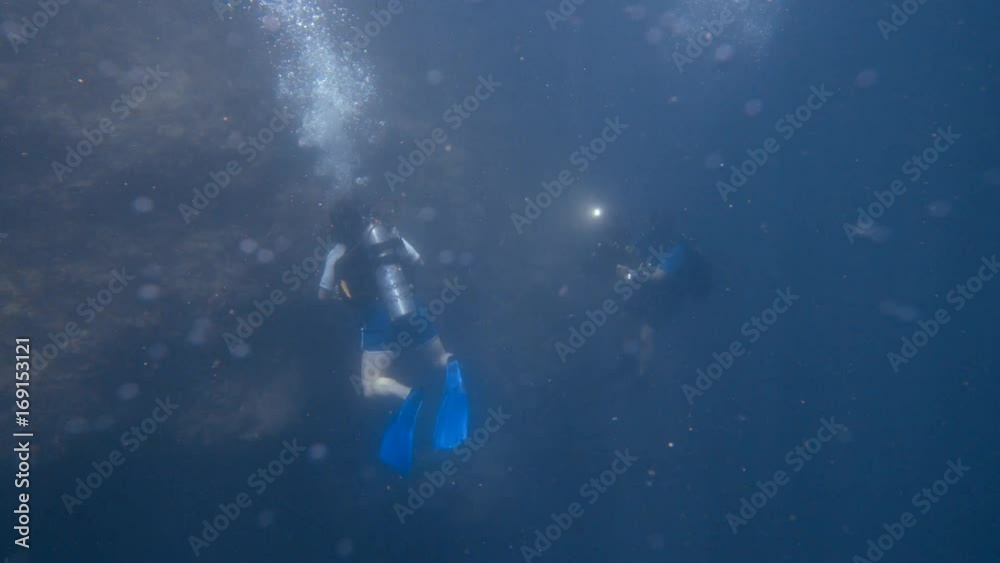 A two shot of two scuba divers under water. A two shot of two scuba divers under water.