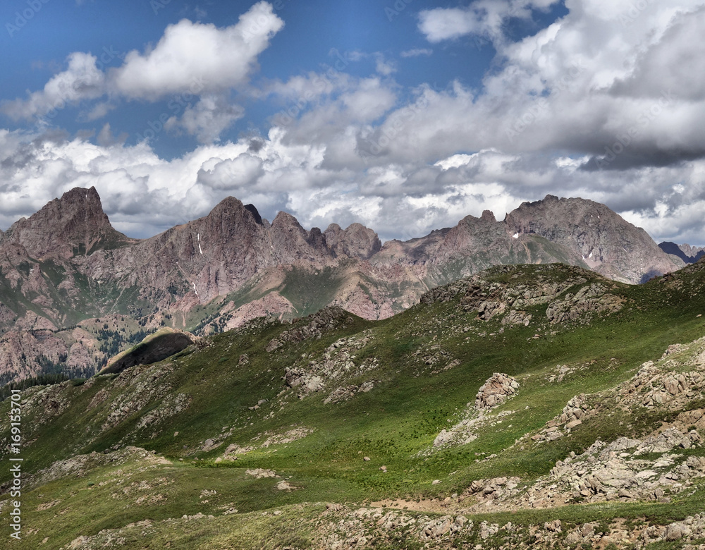 West Needle Mountains/ Pigeon Peak, Turret Peak and Mt. Eolus as seen from Overlook Point, San Juan National Forest, Colorado