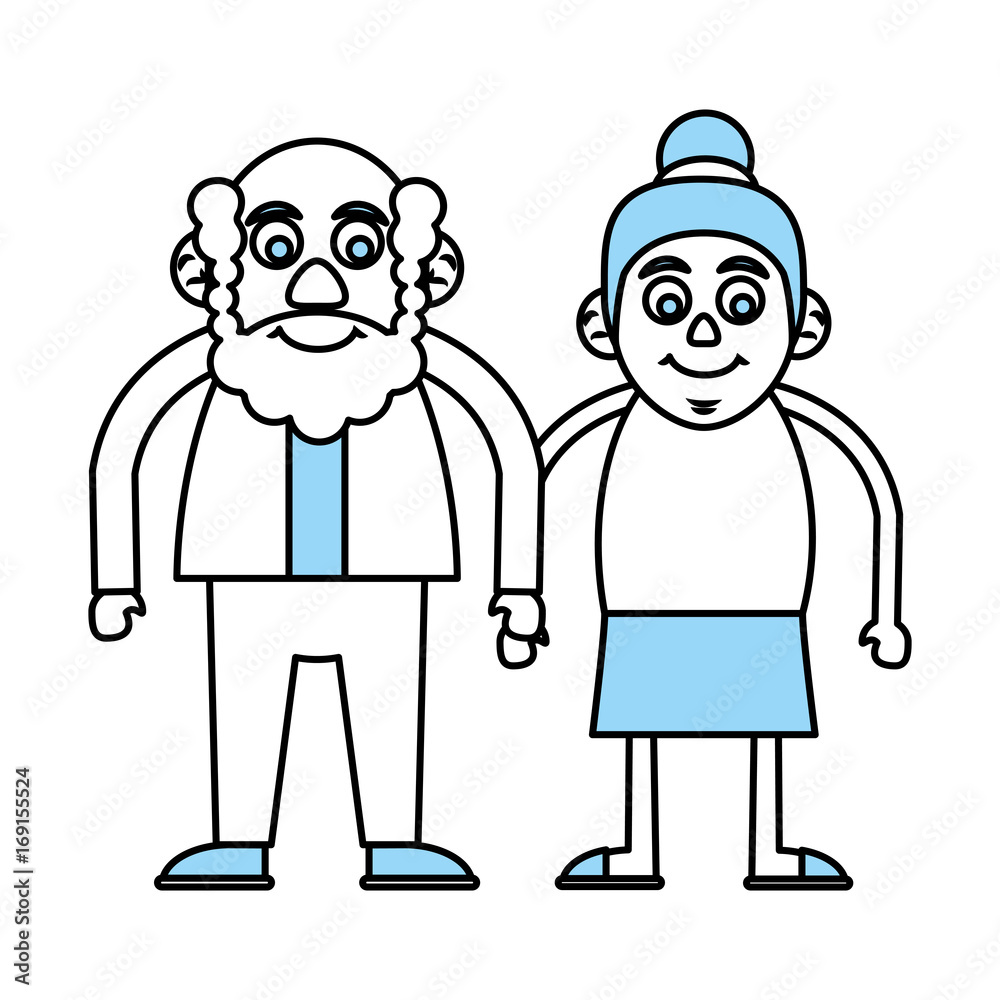 Flat line monocromatic old couple over white background vector illustration