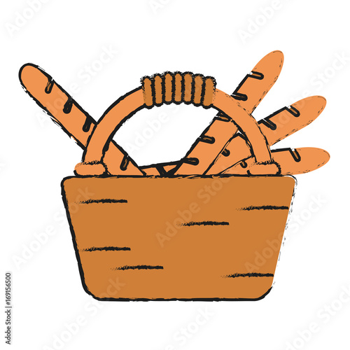 Colorful hamper with baguette doodle over white background vector illustration