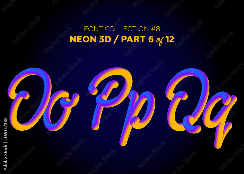 Neon 3D Typeset with Rounded Shapes. Font Set of Painted Letters. Matte Liquid Purple and Yellow Colors.