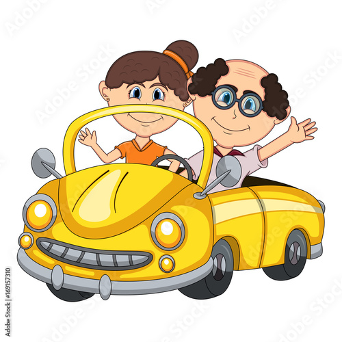 Car and a couple young passengers cartoon
