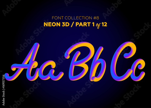 Neon 3D Typeset with Rounded Shapes. Font Set of Painted Letters. Matte Liquid Purple and Yellow Colors.
