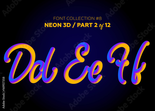 Neon 3D Typeset with Rounded Shapes. Font Set of Painted Letters. Matte Liquid Purple and Yellow Colors.