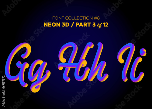 Neon 3D Typeset with Rounded Shapes. Font Set of Painted Letters. Matte Liquid Purple and Yellow Colors.