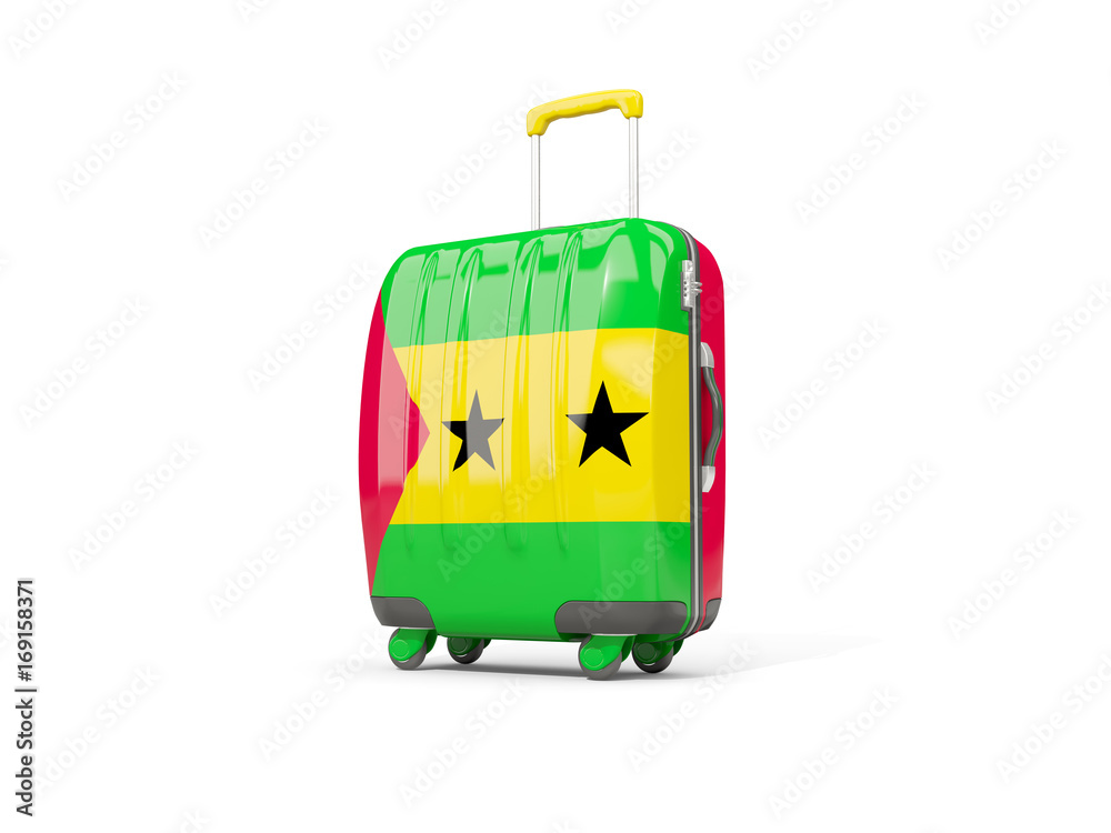 Luggage with flag of sao tome and principe. Suitcase isolated on white