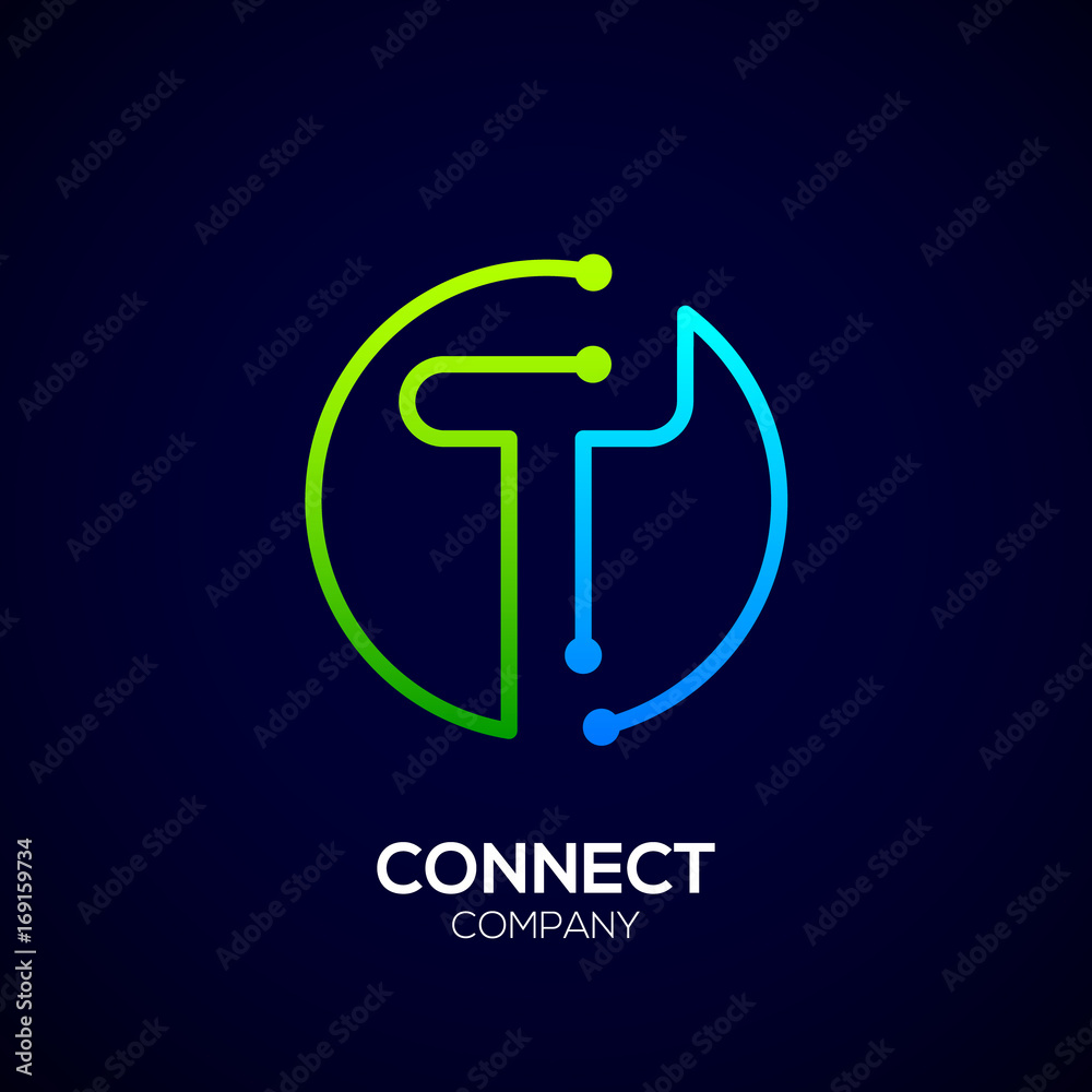 Letter T logo, Circle shape symbol, green and blue color, Technology and digital abstract dot connection - obrazy, fototapety, plakaty 