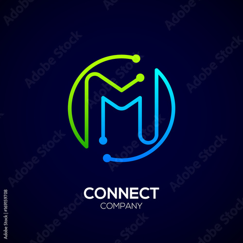Letter M logo, Circle shape symbol, green and blue color, Technology and digital abstract dot connection