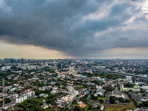 Aerial view of cityscapes in Bangkok,  house and office buildings, in Bangkok city downtown with sky ,Bangkok is the most populated city in Southeast Asia. city skyline in local cityscape.