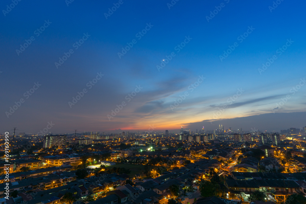 View of majestic sunset over downtown Kuala Lumpur, Malaysia