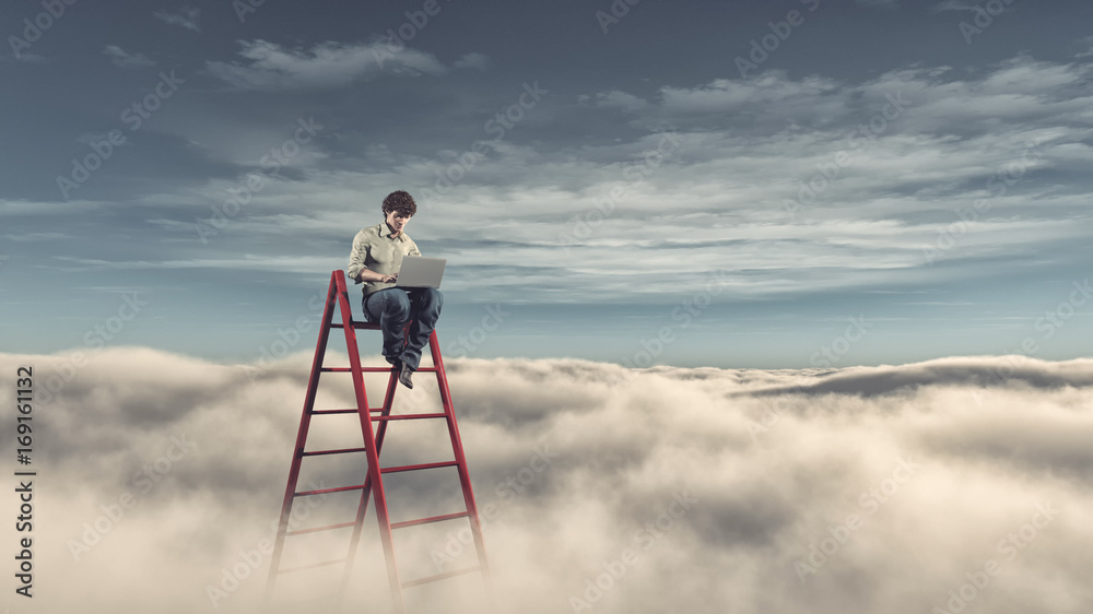 Man with a laptop on a ladder above the clouds