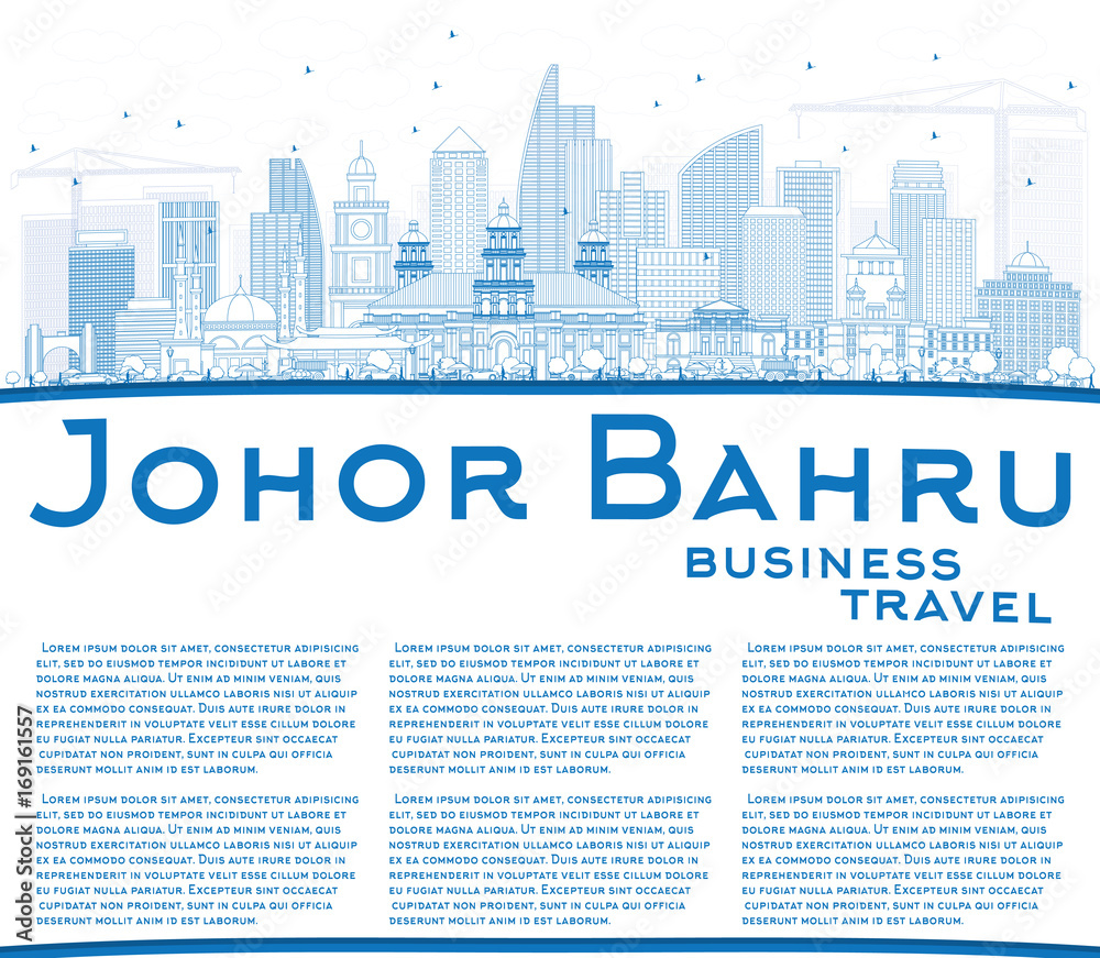 Outline Johor Bahru Malaysia Skyline with Blue Buildings and Copy Space.