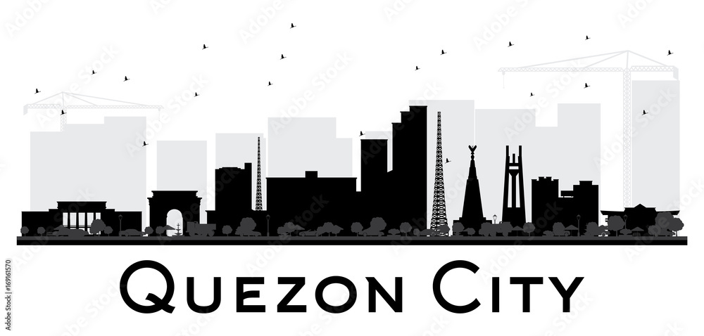 Quezon City skyline black and white silhouette.