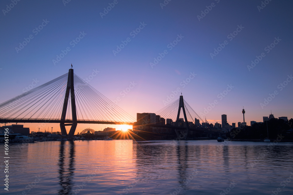 Sunrise with clear sky at Anzac Bridge, Sydney, Australia