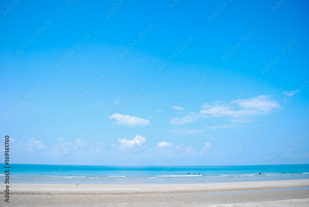 Beach and Blue sky background. Tropical island beach relax. Exotic landscape of ocean wave Phuket island. Thailand Travel