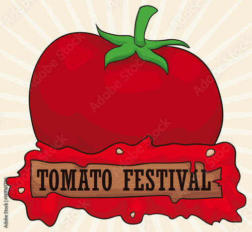 Tomato Juice Covering a Wooden Sign for Tomato Festival, Vector Illustration