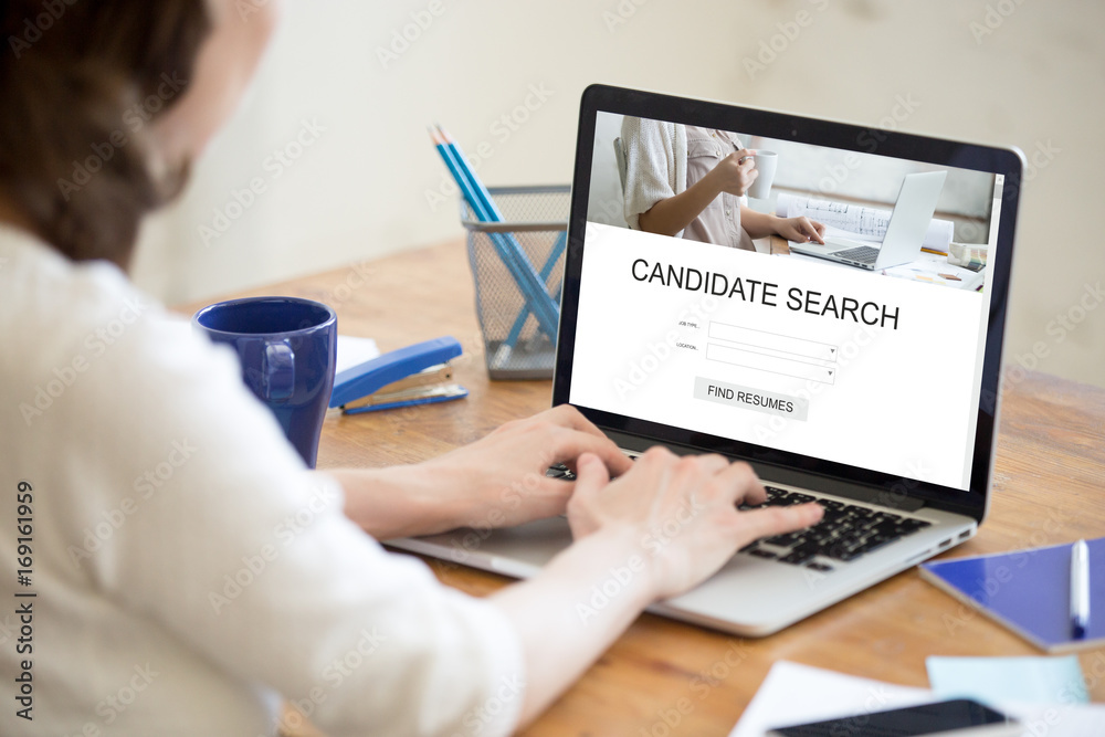 HR manager searching for new candidates online to fill open vacancy, recruiter working on laptop in recruitment agency, we are hiring, human resource management, job search app service, close up view HR manager searching for new candidates online to fill open vacancy, recruiter working on laptop in recruitment agency, we are hiring, human resource management, job search app service, close up view