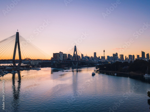 Sydney city and anzac bridge view at sunrise time.