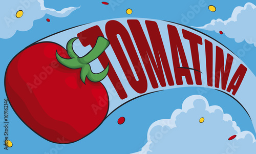 Tomato Crossing the Sky Leaving a Confetti Trace for Tomatina Festival, Vector Illustration