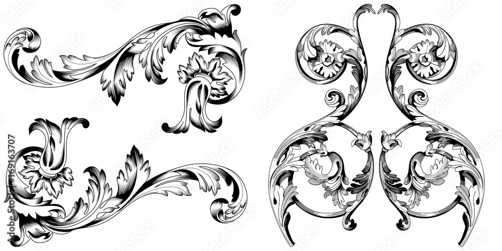 Set of vintage baroque ornament, corner. Retro pattern antique style acanthus. Decorative design element filigree calligraphy vector. - stock vector
