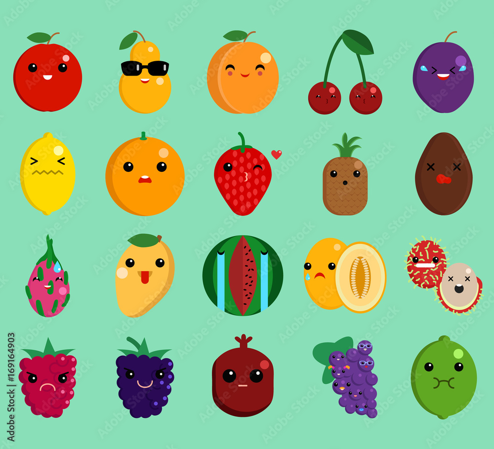 Cartoon face funny fruit emoji elements collection, flat icons set
