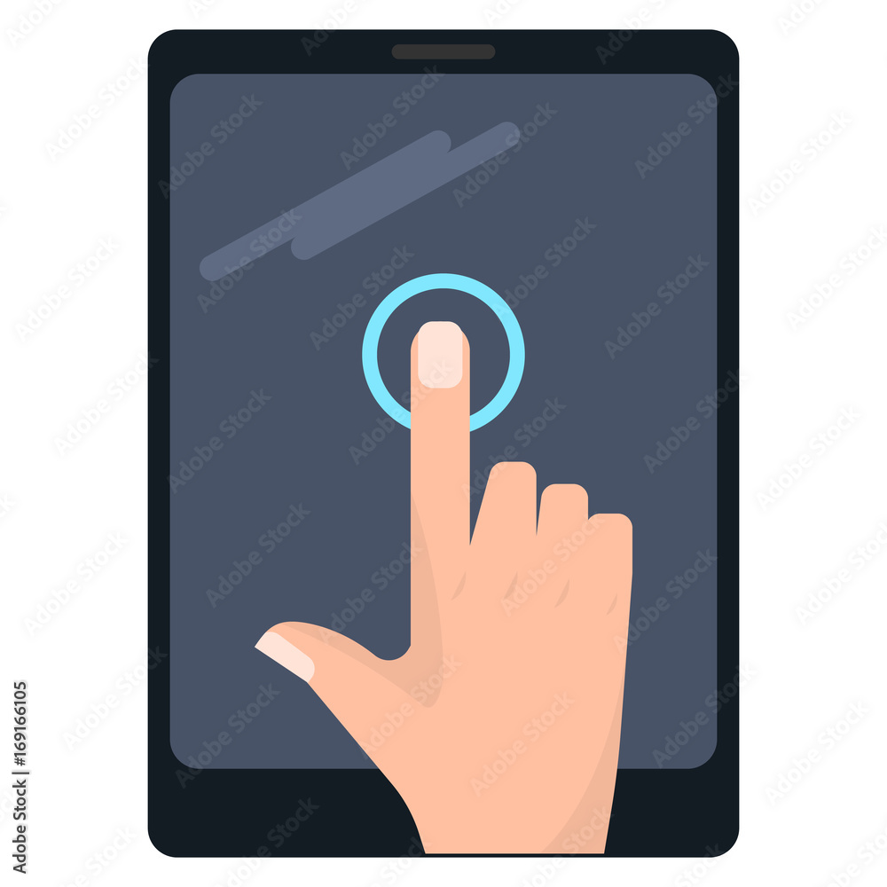 Single tap touch screen gesture on tablet vector illustration. Flat style design. Colorful graphics Single tap touch screen gesture on tablet vector illustration. Flat style design. Colorful graphics