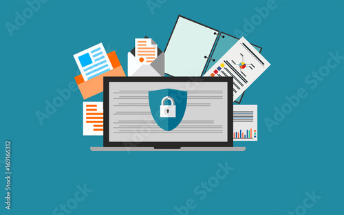 Concept is data security Access .Shield on laptop protect sensitive data. Internet security. Vector Illustration Design.