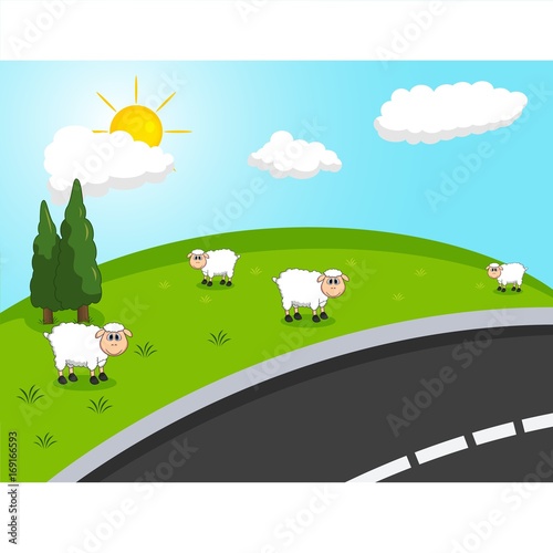 Hill and sheep background cartoon 