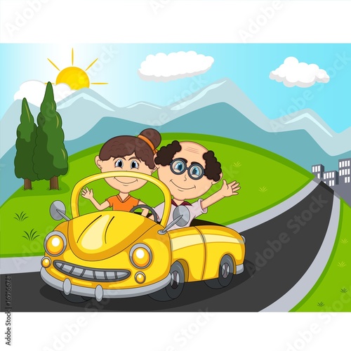 Car  a couple young passengers with Hill background cartoon