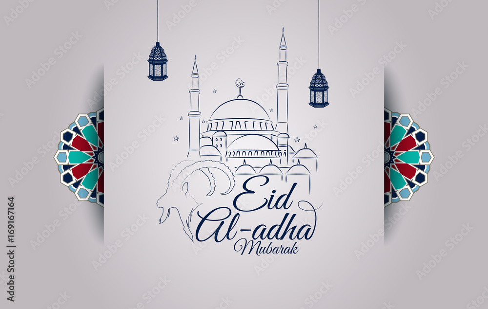 Obraz premium Eid al-Adha greeting card with goat head and mosque