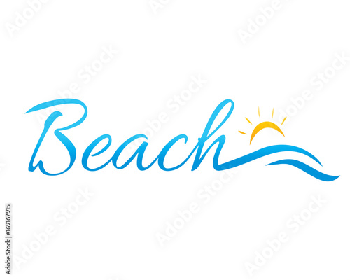 beach word with waves and sun, beach logo, illustration design, isolated on white background.