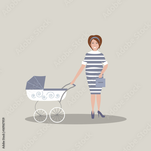 Cute young pregnant mother in dark blue dress with white stripes and shoes with high heels. A baby carriage. Gray background. Vector illustration 