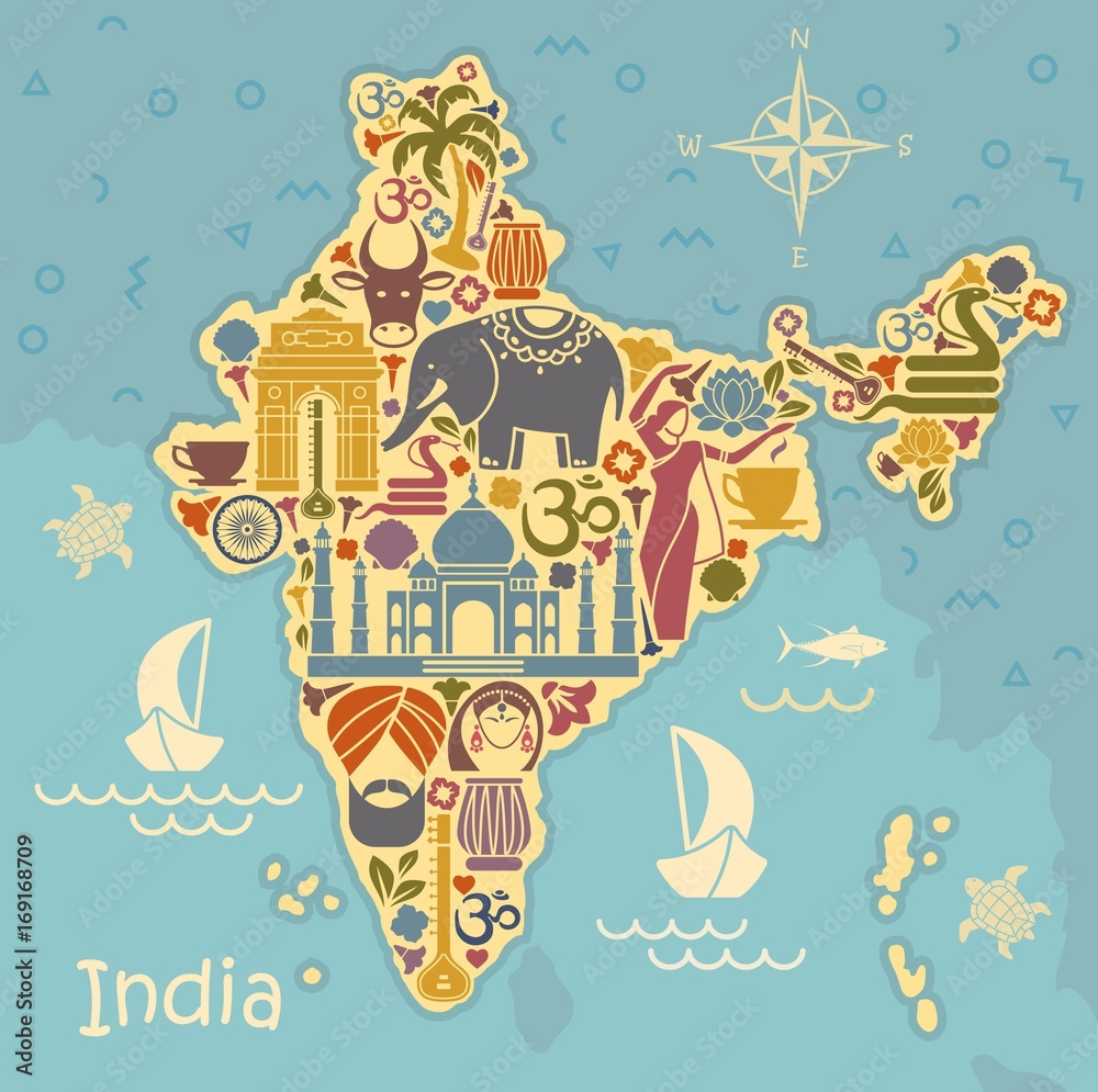 Traditional symbols of India in the form of a stilized map