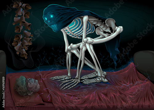Sleep paralysis. Horror scene with demon in the bedroom