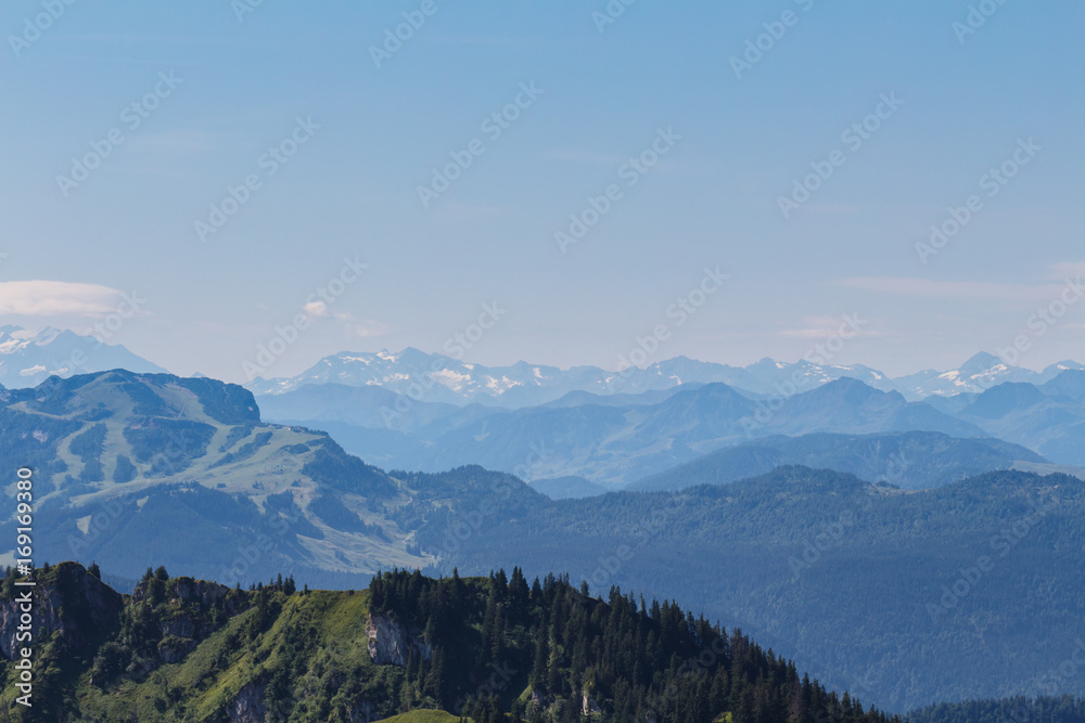 Snowy Mountain peaks,view from Mt. Hochfelln on a summer day
