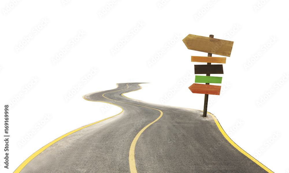 curved road with arrow signs isolated on white background Stock Photo