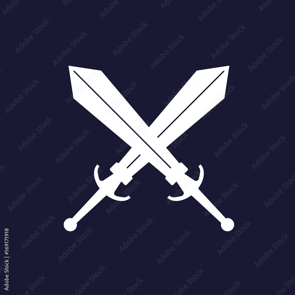 Vector image of two swords. Vector white icon on dark blue background. Vector image of two swords. Vector white icon on dark blue background.