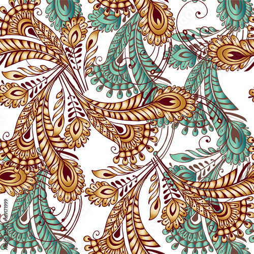 Multicolored feathers seamless pattern in oriental style. Decorative ornament backdrop for fabric, textile, wrapping paper photo