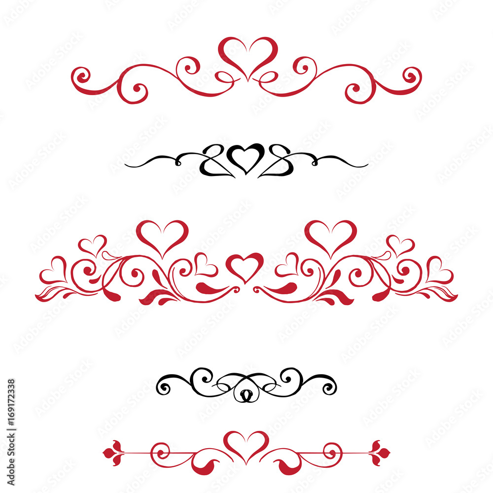 Vector set Decorative vignettes with hearts, vintage borders. Red ...