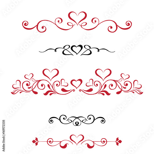 Vector set Decorative vignettes with hearts, vintage borders. Red and black vignettes on a white background