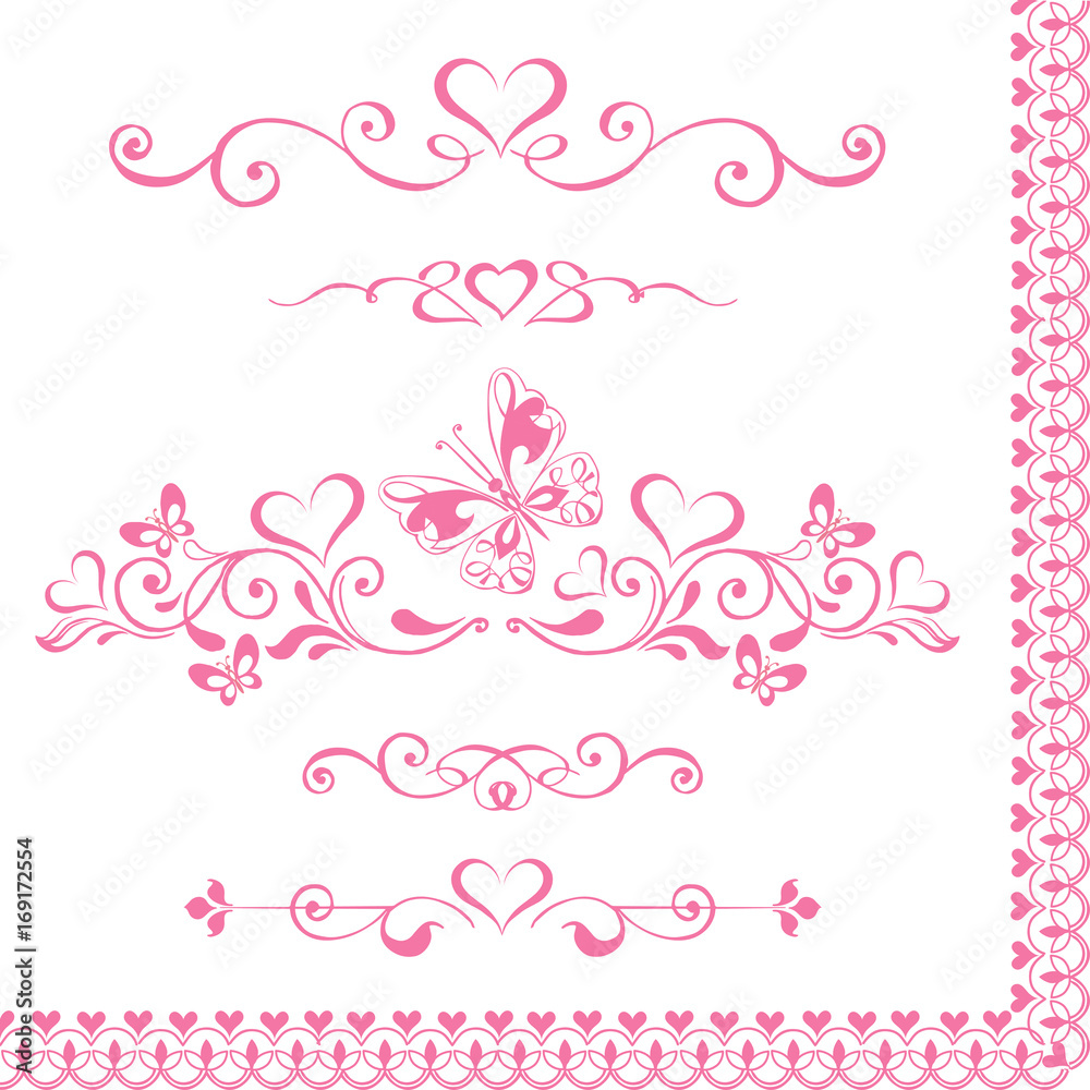 Vector set Decorative pink vignettes with hearts, vintage borders