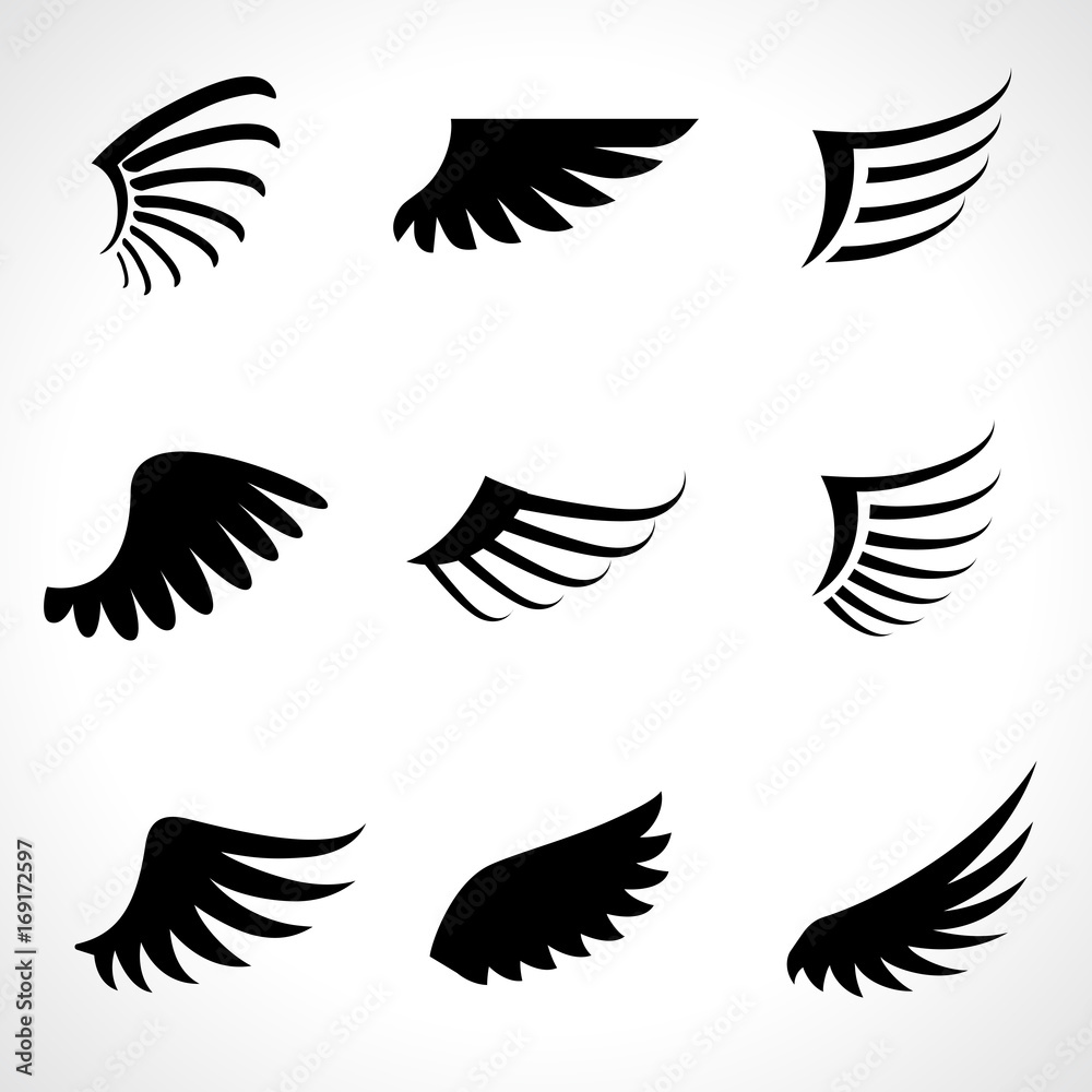 Wings icons set isolated on white background. Vector illustration Wings icons set isolated on white background. Vector illustration