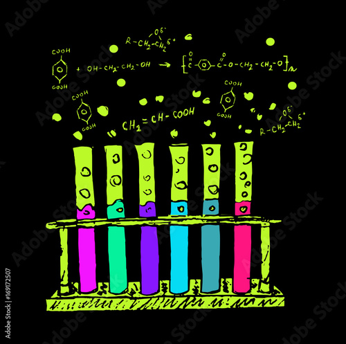 hand-drawn chemical test tubes - vector set of chemical laboratory equipment with fluorescent chemistry substances