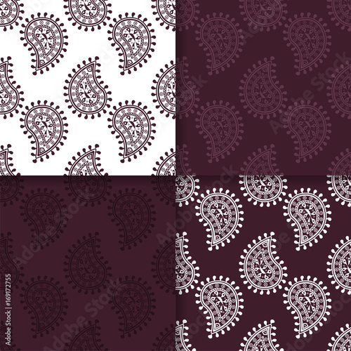 Maroon set of paisley ornaments. Seamless patterns