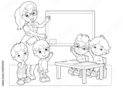 cartoon scene with children and teacher in the classroom holding hands up vector coloring page - illustration for children