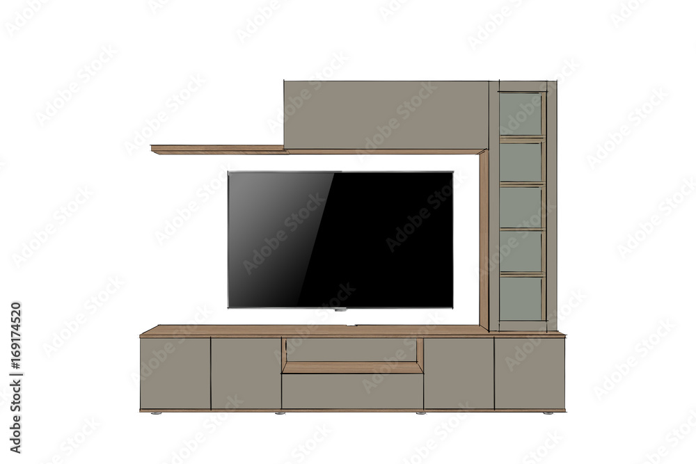 3D rendering. TV stand and entertainment center with appliances and decors. Modern living room interior. Modern creative TV furniture. Front view. 3D rendering. TV stand and entertainment center with appliances and decors. Modern living room interior. Modern creative TV furniture. Front view.