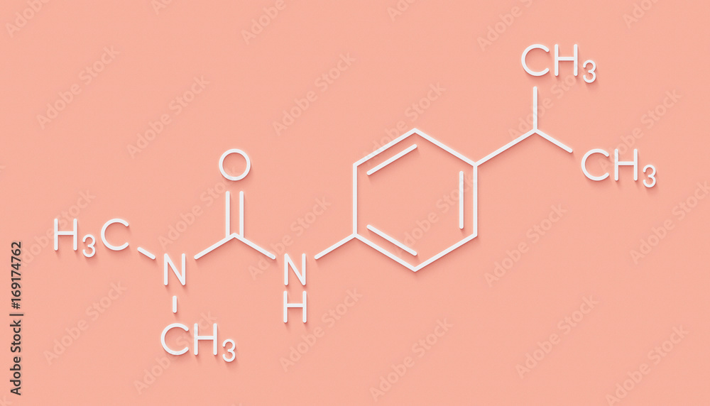 Isoproturon herbicide molecule. Skeletal formula. Isoproturon herbicide molecule. Skeletal formula.