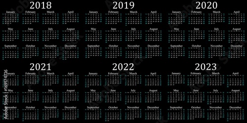 Six year calendar - 2018, 2019, 2020, 2021, 2022 and 2023 in black background.