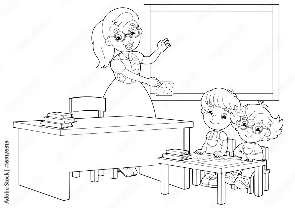 cartoon scene with children and teacher in the classroom holding hands up vector coloring page - illustration for children Stock Vector | Adobe Stock cartoon scene with children and teacher in the classroom holding hands up vector coloring page - illustration for children Stock Vector | Adobe Stock