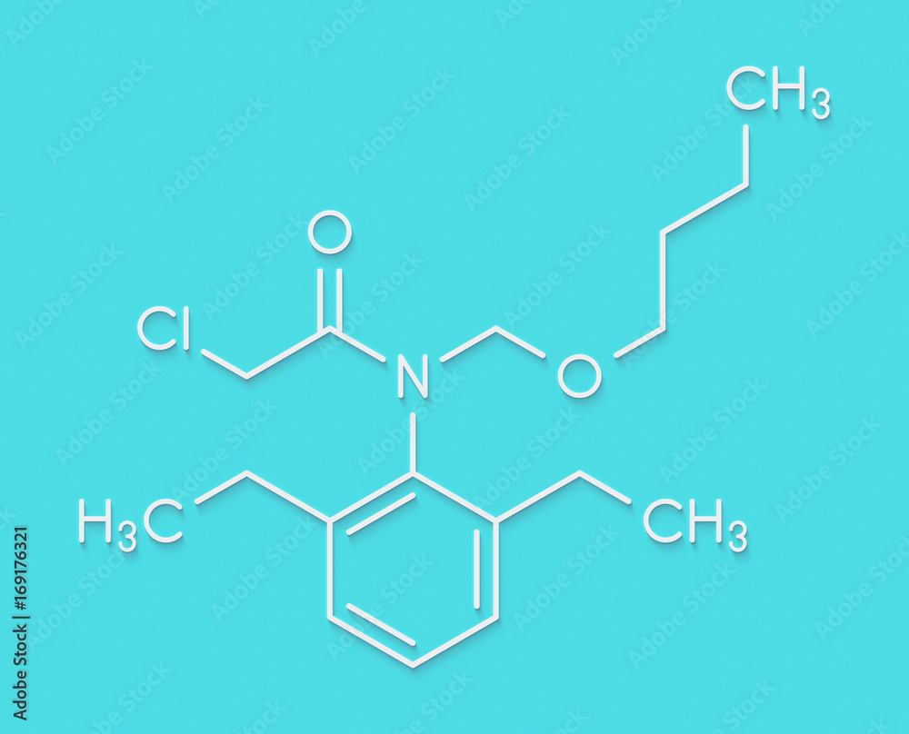 Butachlor herbicide molecule. Skeletal formula.